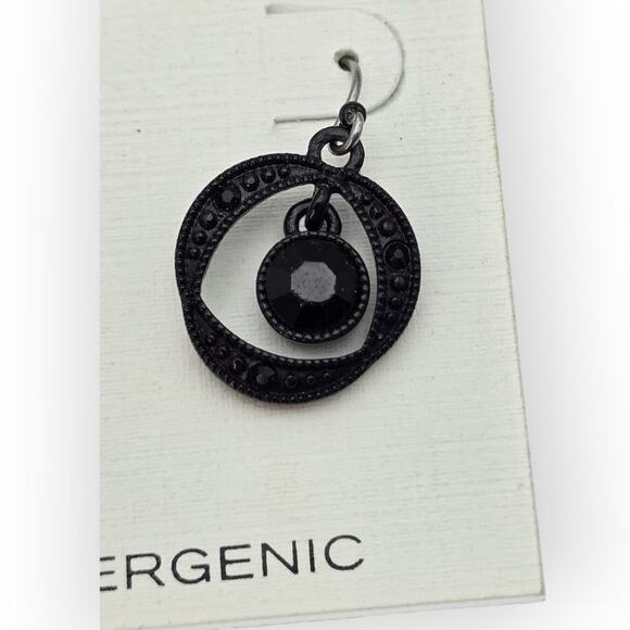 Black Art Deco Circle Drop Earrings Liz Claiborne Hypoallergenic Dangle Earrings - Picture 4 of 6